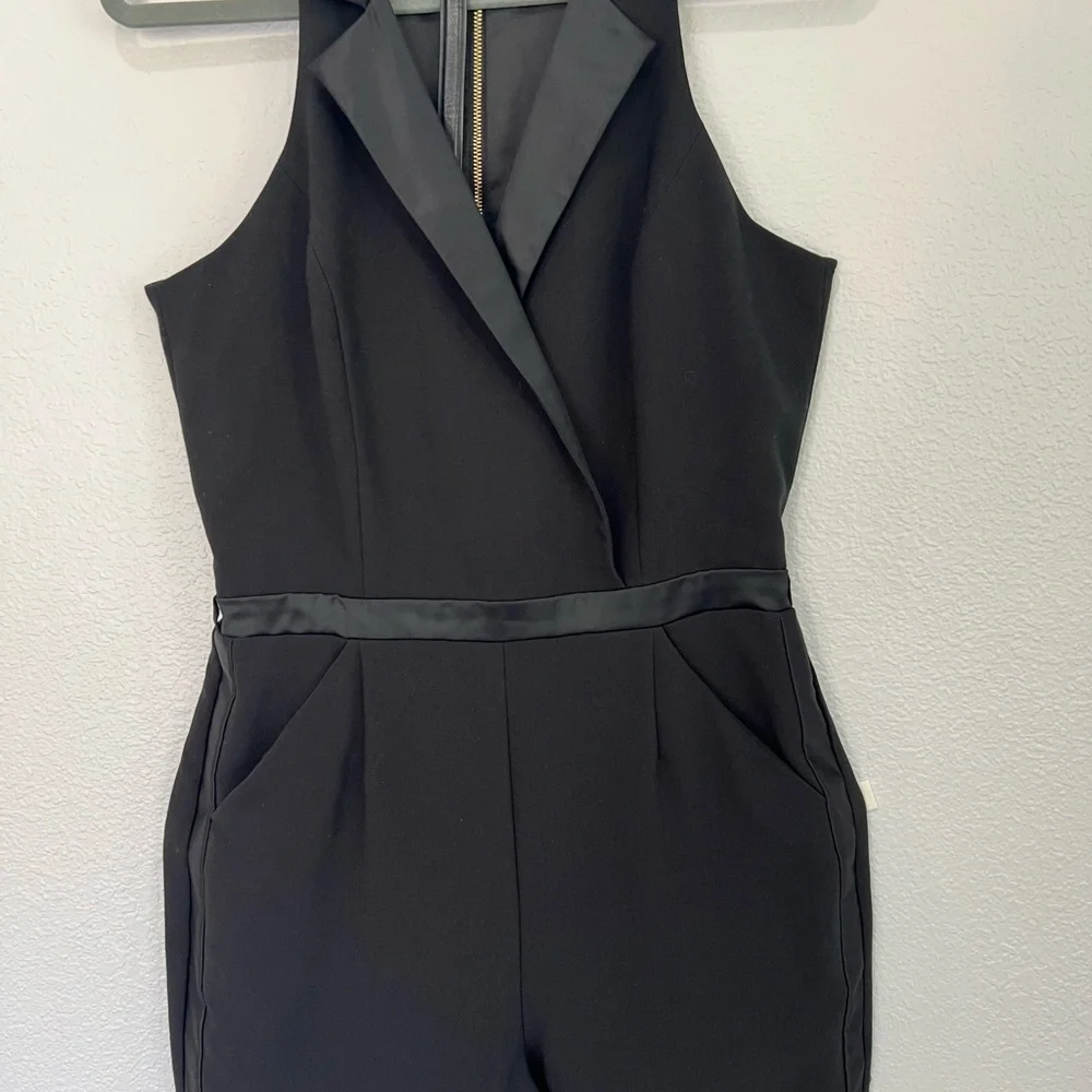 XOXO Black Tuxedo Jumpsuit Satin Lapel Sleeveless Evening Chic - Picture 16 of 17